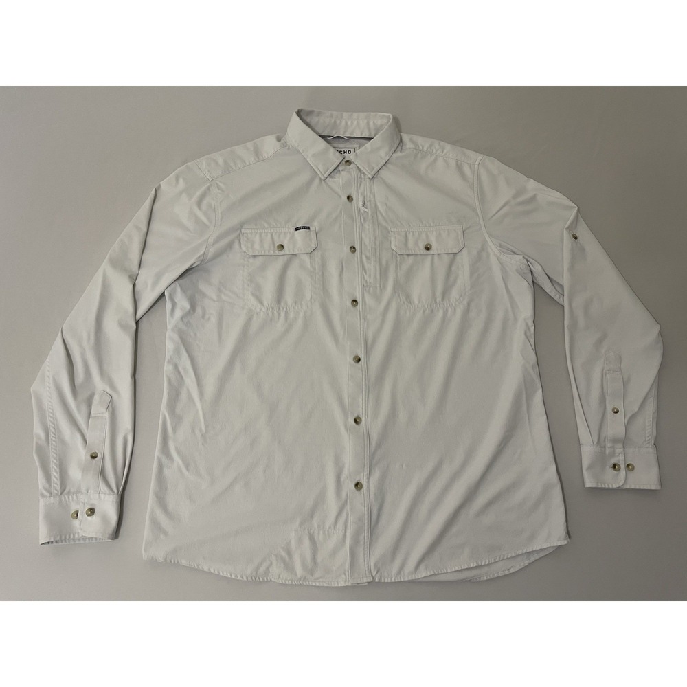 Poncho Mens XL Slim Fit White Long Sleeve Fishing Shirt Magnetic Pockets UPF